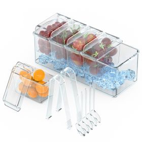 1Set Ice Chilled Condiment Caddy Serving Tray Container Bar Garnish Holder Salad Platter Server Food Storage With 5 Removable Containers 5 Lids 2 Tong