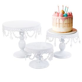 3Pcs Antique Cake Stand Set - Round Metal Cupcake Stands With Pendants And Beads - Elegant Dessert Display, For For Wedding, Birthday Party Decor-It I (Option: Cream White)