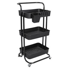 Black-White Color Options 1Pc 3 Tier Rolling Utility Cart Movable Storage Organizer With Mesh Baskets Lockable Wheels 360 Degree Rotatable Hanging Box (Color: Black)