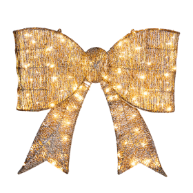 Pre-lit Outdoor Giant Bowknot Christmas Decoration, Lighted Metal Frame With 124 Warm White LED Lights, For Front Door Gate Wall Indoor Outdoor Holida (Option: Golden)