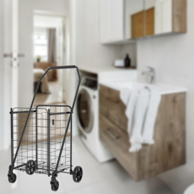 Shopping Cart With Open Door,Grocery Cart On Wheels, Foldable Utility Shopping Carts With Double Basket And 360  Rolling Swivel Wheels For Groceries L (Option: Antique Black)