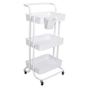 Black-White Color Options 1Pc 3 Tier Rolling Utility Cart Movable Storage Organizer With Mesh Baskets Lockable Wheels 360 Degree Rotatable Hanging Box (Color: White)