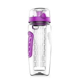 3 Color Options - 1Pc Fruit Infuser Water Bottle 32OZ Juice Shaker Sport With Flip Top Lid Anti-Slip Grips For Office Home Sport Running Walking Hikin (Color: Purple)