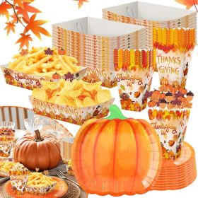 134 Pcs Thanksgiving Party Tableware Set Include Pumpkin Paper Plates Popcorn Boxes Food Trays With Fall Cocktail Picks Disposable Fall Harvest Dinner (Option: 134Pcs)